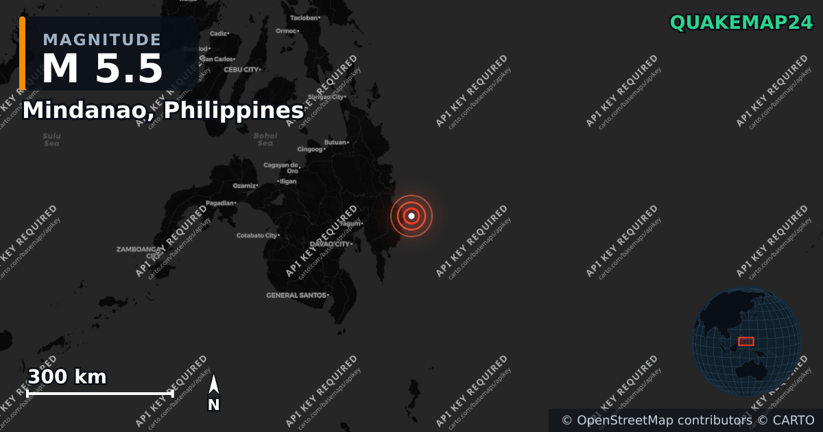 M5.5 earthquake near Mindanao, Philippines on May 6, 2026 — map of epicenter and shaking intensity | QuakeMap24