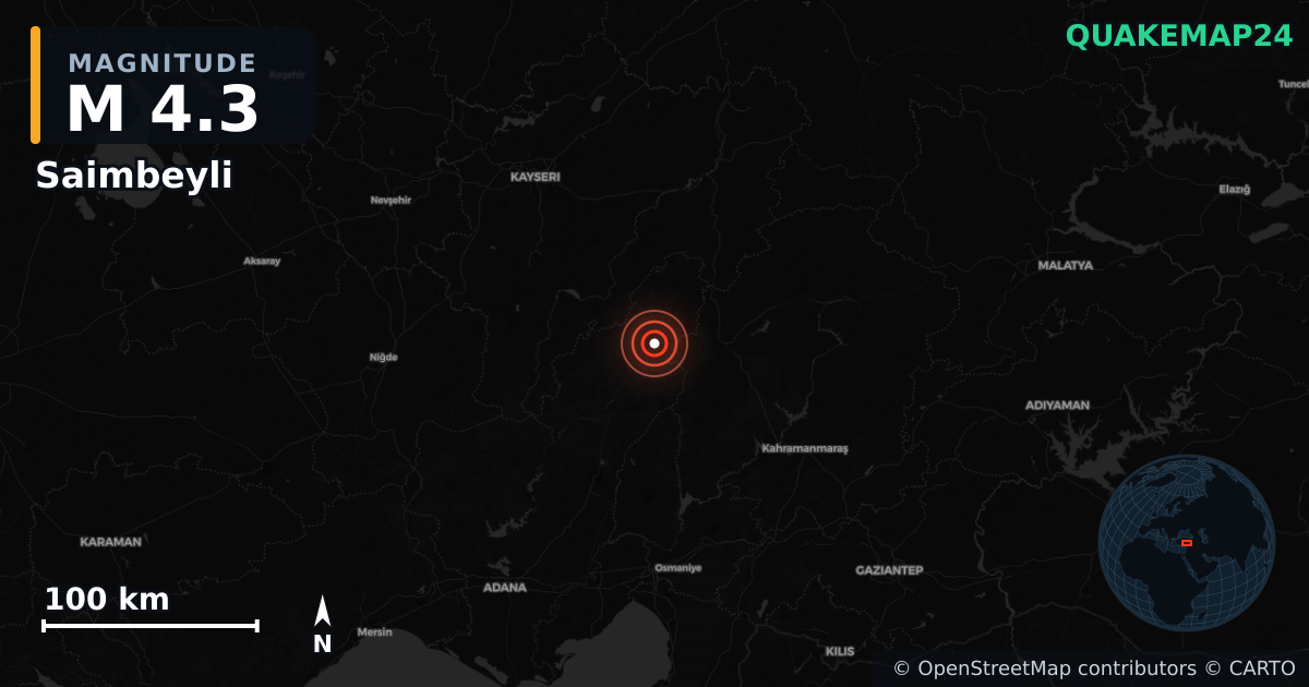 M4.3 earthquake near Saimbeyli on Jun 24, 2025 — map of epicenter and shaking intensity | QuakeMap24