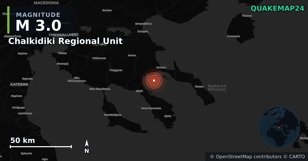M3.0 earthquake near Chalkidiki Regional Unit on Jul 4, 2026 — map of epicenter and shaking intensity | QuakeMap24