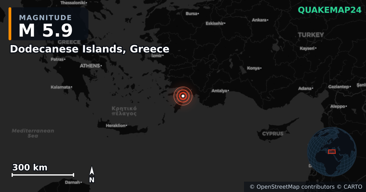 M5.9 earthquake near Dodecanese Islands, Greece on Jun 2, 2025 — map of epicenter and shaking intensity | QuakeMap24