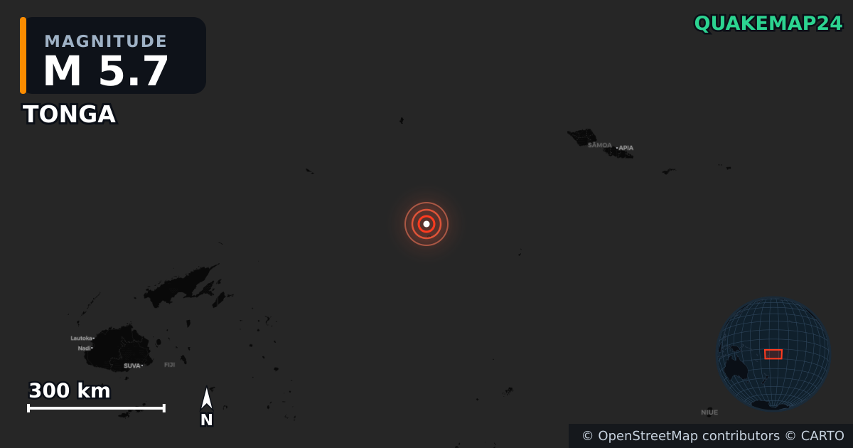 Terremoto de M5,7 cerca de TONGA — Mapa de la ubicación del epicentro