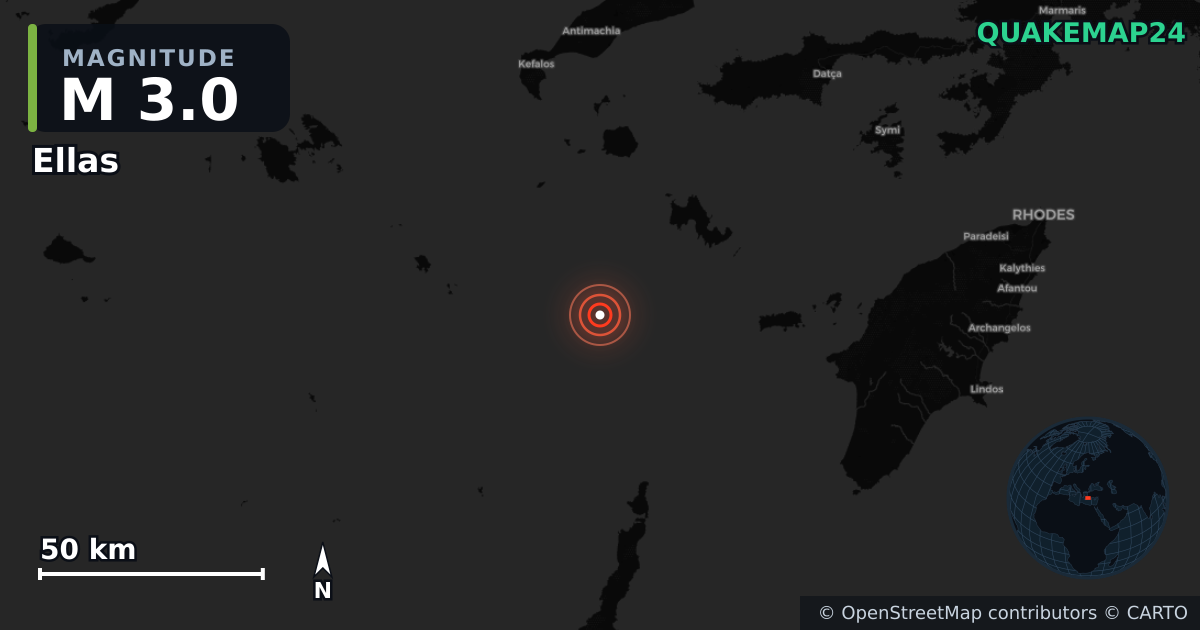 M3.0 earthquake near Ellas on Aug 30, 2025 — map of epicenter and shaking intensity | QuakeMap24