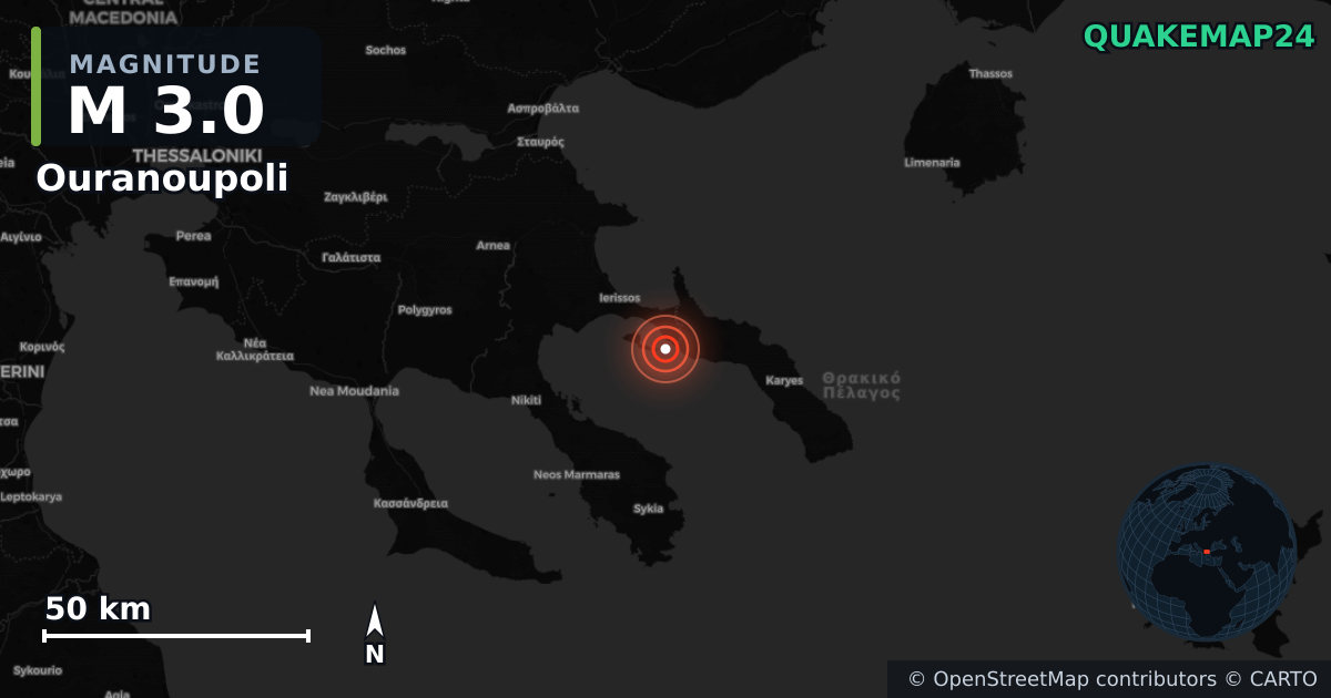 M3.0 earthquake near Ouranoupoli on Mar 27, 2026 — map of epicenter and shaking intensity | QuakeMap24