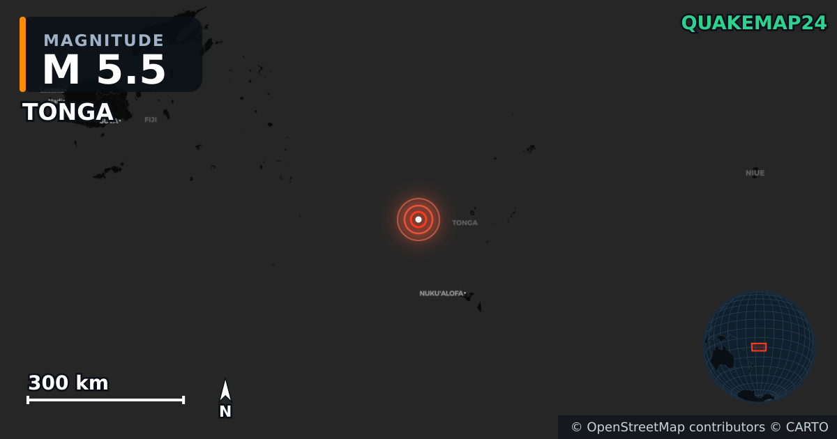 M5.5 earthquake near TONGA on Jun 28, 2025 — map of epicenter and shaking intensity | QuakeMap24