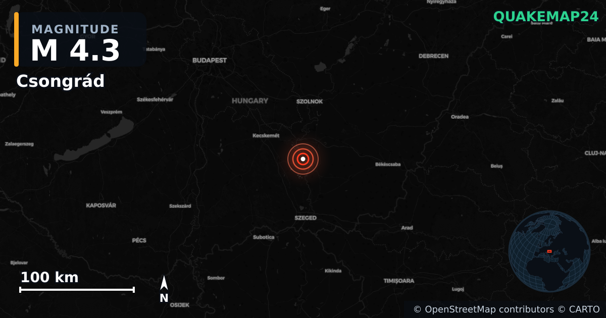 M4.3 earthquake near Csongrád on Oct 21, 2025 — map of epicenter and shaking intensity | QuakeMap24