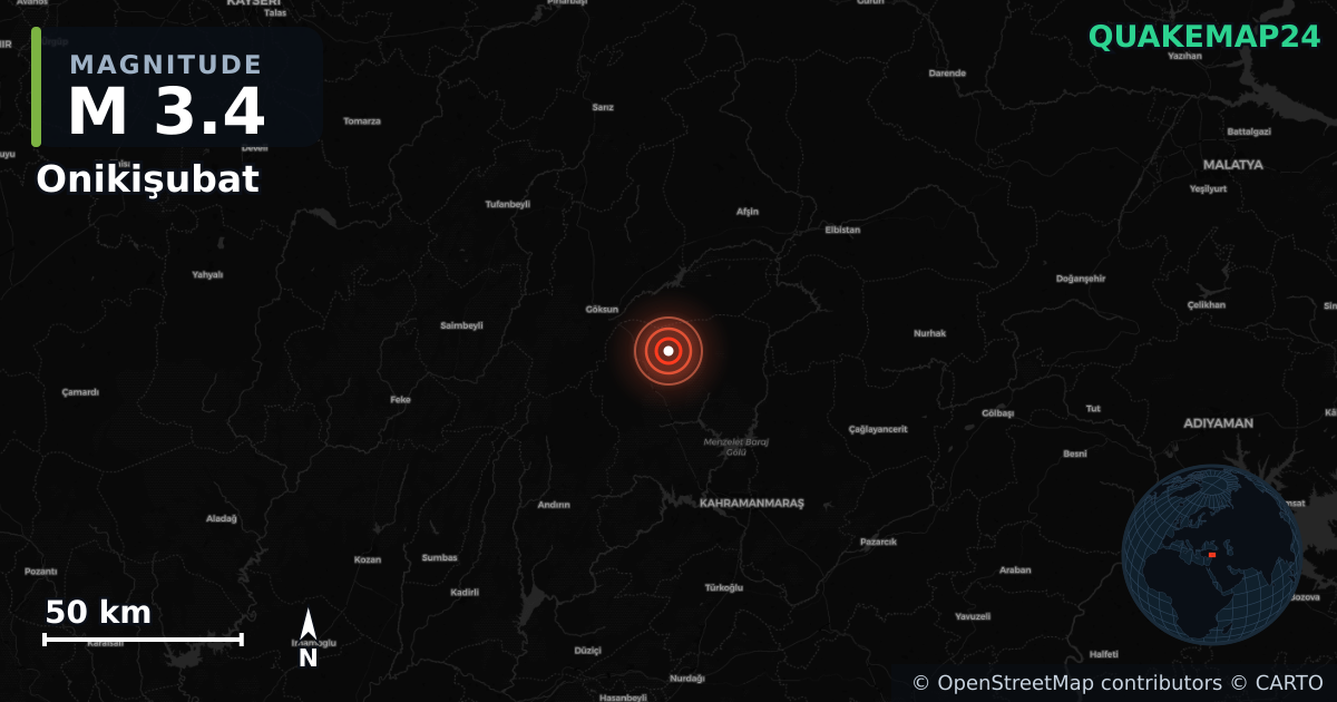 M3.4 earthquake near Onikişubat on Jan 12, 2026 — map of epicenter and shaking intensity | QuakeMap24