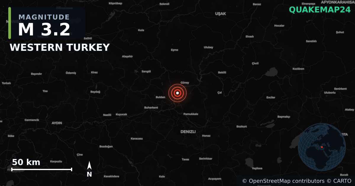 WESTERN TURKEY yakınında M3,2 deprem · 2026-03-09 — Deprem merkez üssünün konumunu gösteren harita