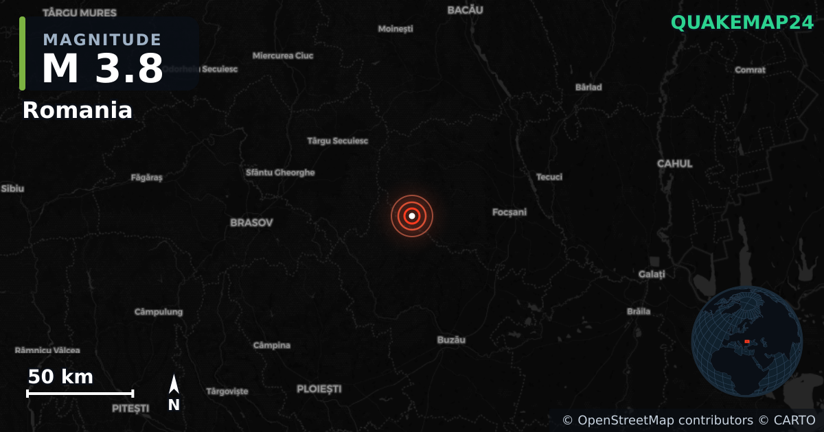 M3.8 earthquake near Romania on Oct 25, 2025 — map of epicenter and shaking intensity | QuakeMap24