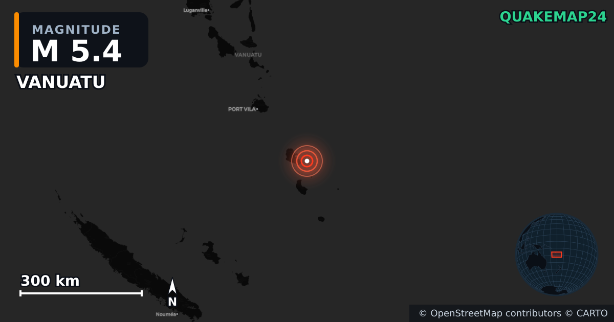 M5.4 earthquake near VANUATU on Apr 2, 2026 — map of epicenter and shaking intensity | QuakeMap24