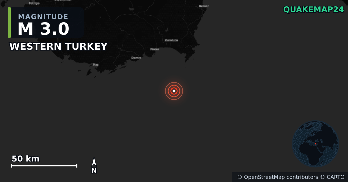 M3.0 earthquake near WESTERN TURKEY on May 14, 2026 — map of epicenter and shaking intensity | QuakeMap24