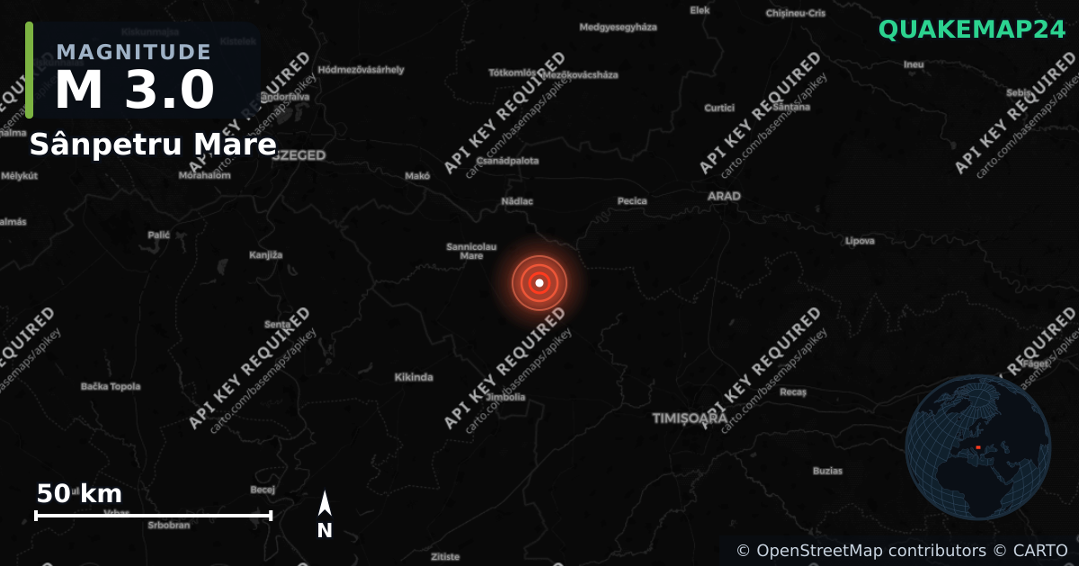 M3.0 earthquake near Sânpetru Mare on Aug 29, 2026 — map of epicenter and shaking intensity | QuakeMap24