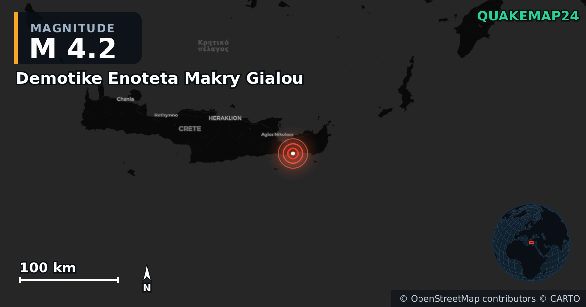 M4.2 earthquake near Demotike Enoteta Makry Gialou on Apr 24, 2026 — map of epicenter and shaking intensity | QuakeMap24