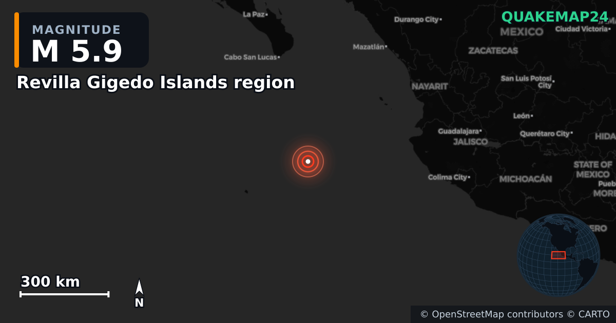 Revilla Gigedo Islands region yakınında M5,9 deprem · 2025-05-28 — Deprem merkez üssünün konumunu gösteren harita