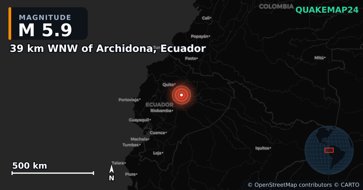 M5.9 earthquake near 39 km WNW of Archidona, Ecuador on Jan 31, 2025 — map of epicenter and shaking intensity | QuakeMap24