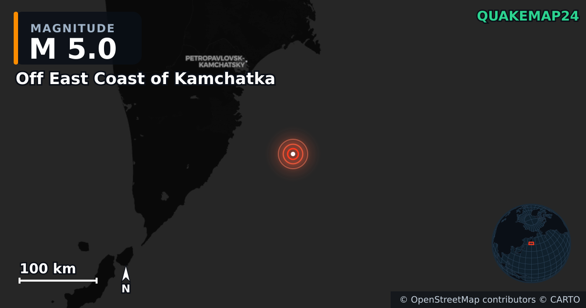 M5.0 earthquake near Off East Coast of Kamchatka on Aug 4, 2025 — map of epicenter and shaking intensity | QuakeMap24