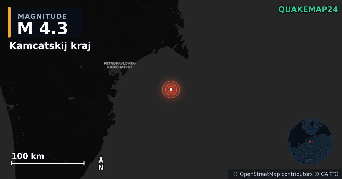 M4.3 earthquake near Kamcatskij kraj on Sep 3, 2025 — map of epicenter and shaking intensity | QuakeMap24