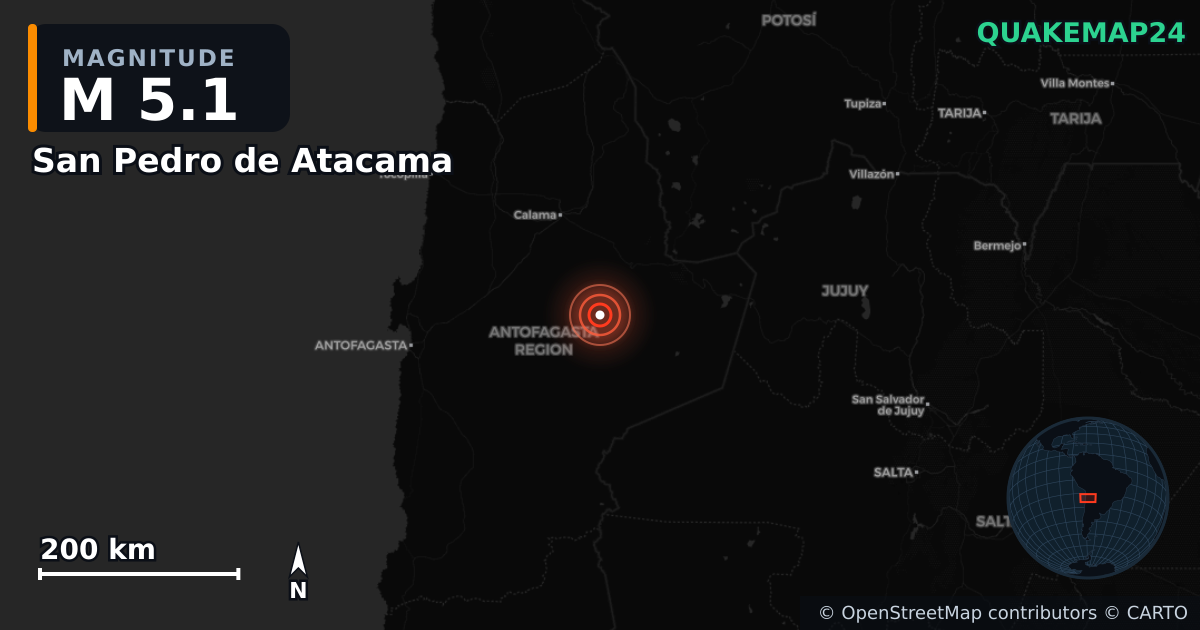 M5.1 earthquake near San Pedro de Atacama on Jul 22, 2026 — map of epicenter and shaking intensity | QuakeMap24