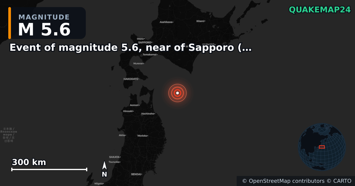M5.6 earthquake near Event of magnitude 5.6, near of Sapporo (Monde) on Dec 25, 2025 — map of epicenter and shaking intensity | QuakeMap24