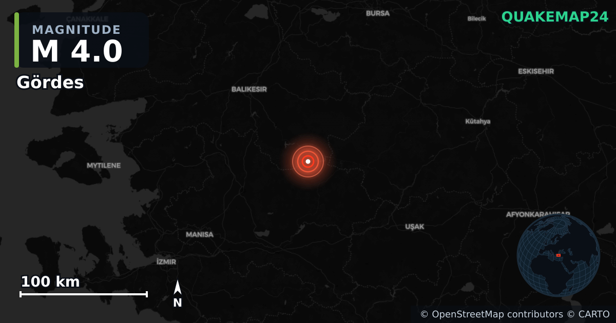M4.0 earthquake near Gördes on Nov 15, 2025 — map of epicenter and shaking intensity | QuakeMap24