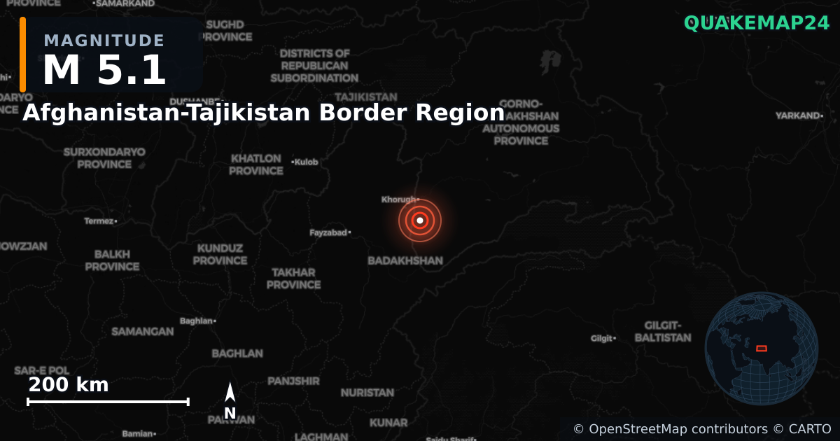 M5.1 earthquake near Afghanistan-Tajikistan Border Region on Apr 27, 2026 — map of epicenter and shaking intensity | QuakeMap24