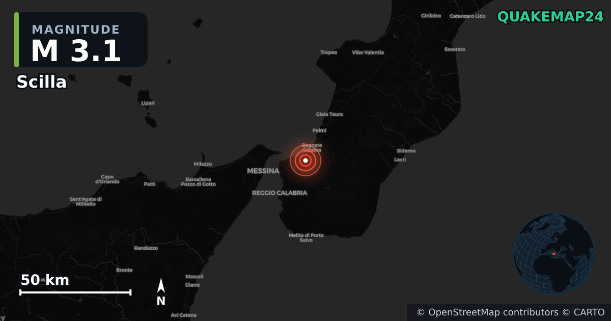 M3.1 earthquake near Scilla on Mar 30, 2026 — map of epicenter and shaking intensity | QuakeMap24