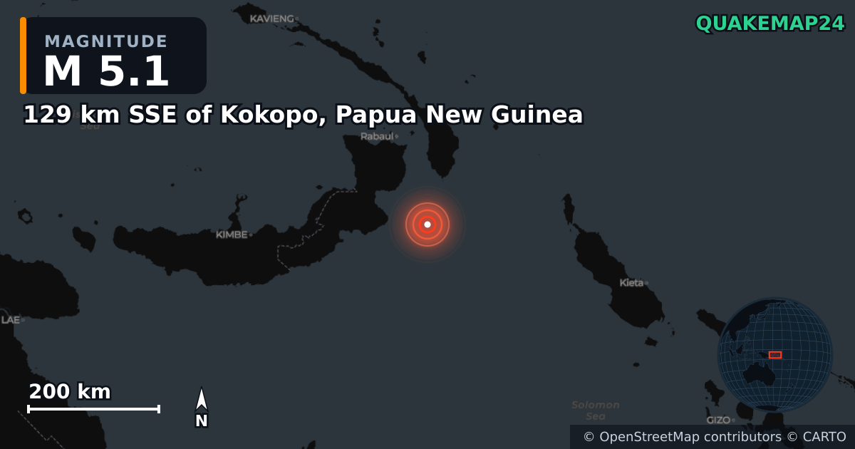 Σεισμός M5,1 κοντά στο 129 km SSE of Kokopo, Papua New Guinea · 2026-10-18 — Χάρτης της θέσης του επικέντρου