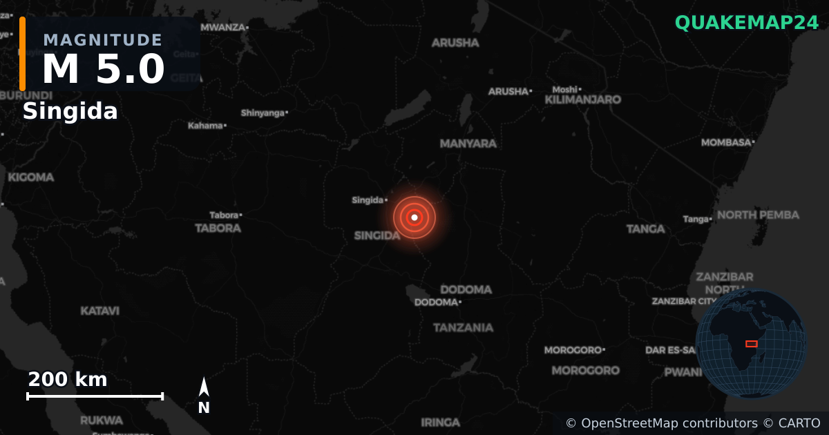 M5.0 earthquake near Singida on Aug 8, 2025 — map of epicenter and shaking intensity | QuakeMap24