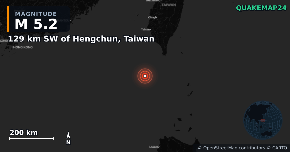 M5.2 earthquake near 129 km SW of Hengchun, Taiwan on Aug 16, 2025 — map of epicenter and shaking intensity | QuakeMap24