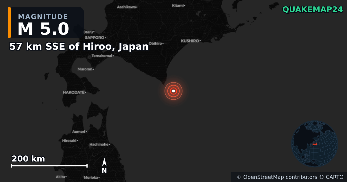 M5.0 earthquake near 57 km SSE of Hiroo, Japan on Jun 3, 2025 — map of epicenter and shaking intensity | QuakeMap24