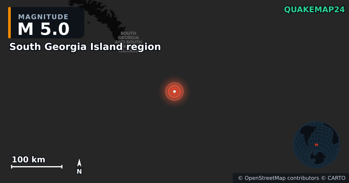 South Georgia Island region yakınında M5,0 deprem — Deprem merkez üssünün konumunu gösteren harita