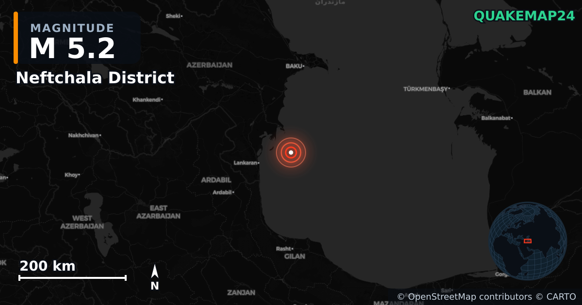 M5.2 earthquake near Neftchala District on Apr 8, 2026 — map of epicenter and shaking intensity | QuakeMap24