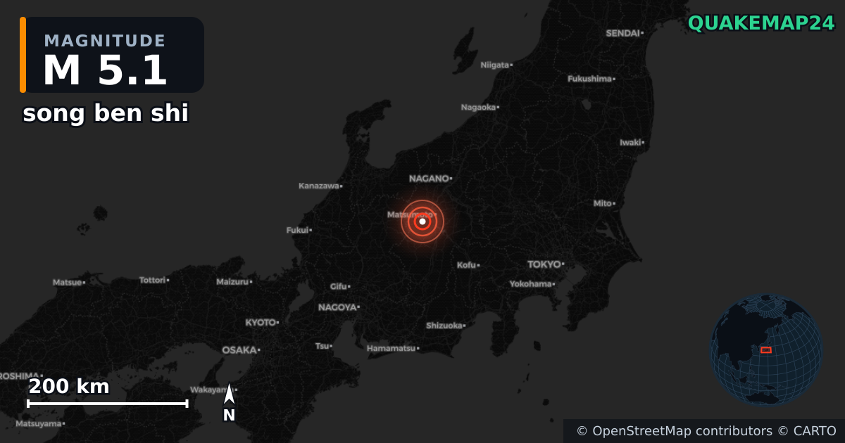M5.1 earthquake near song ben shi on Jan 15, 2026 — map of epicenter and shaking intensity | QuakeMap24