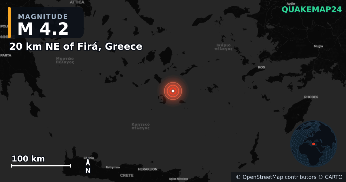 20 km NE of Firá, Greece yakınında M4,2 deprem · 2025-02-12 — Deprem merkez üssünün konumunu gösteren harita
