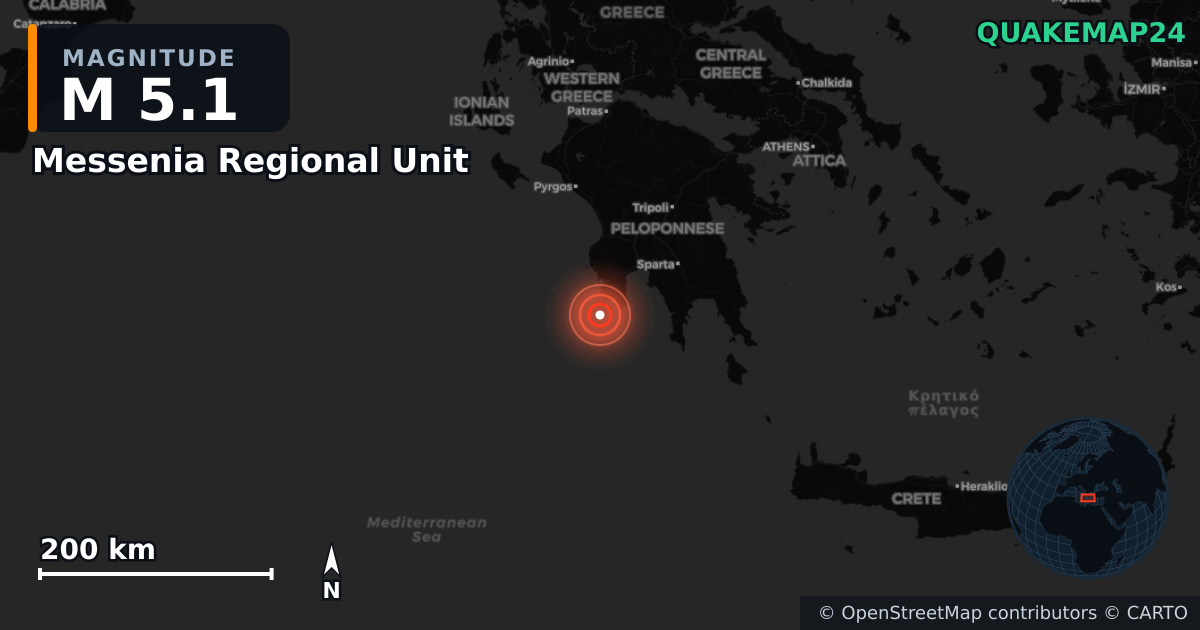 Erdbeben M5,1 bei Messenia Regional Unit, Peloponnese Region (Griechenland) · 2026-06-14 — Karte der Lage des Epizentrums