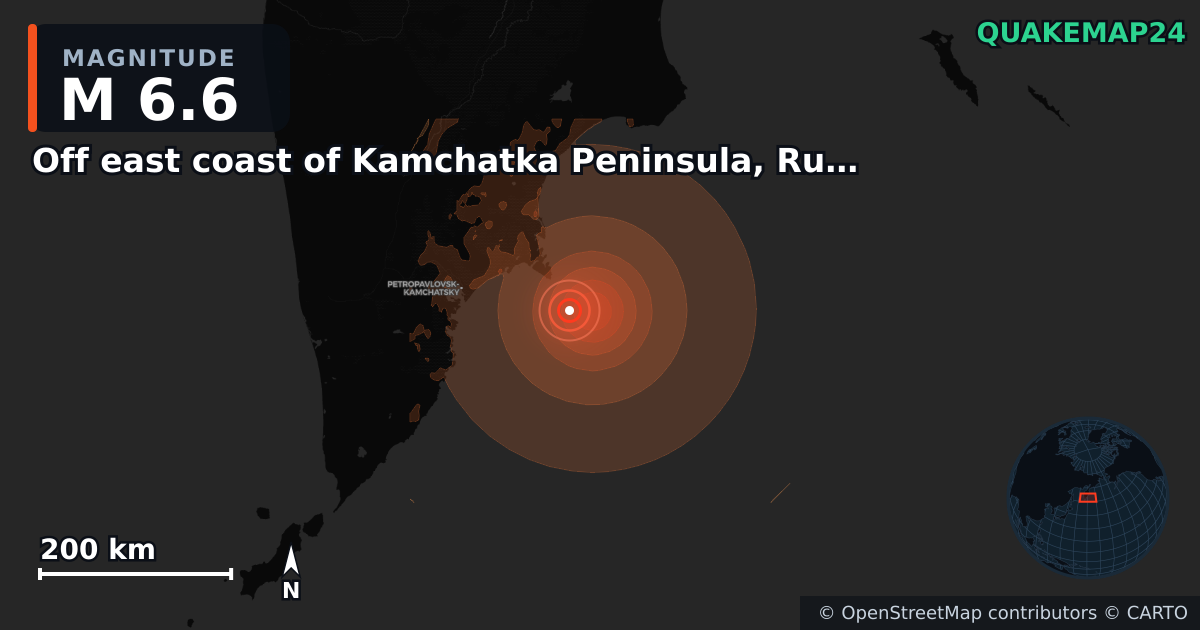 M6.6 earthquake near Off east coast of Kamchatka Peninsula, Russia [Sea: Russia] on Jun 19, 2026 — map of epicenter and shaking intensity | QuakeMap24