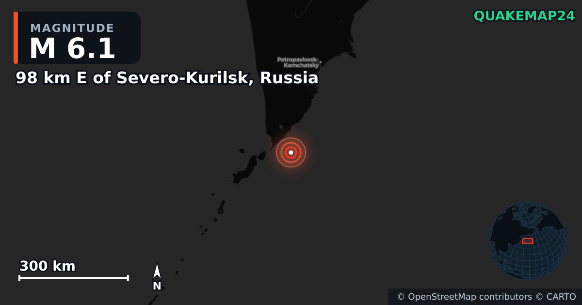 M6.1 earthquake near 98 km E of Severo-Kurilsk, Russia on Aug 27, 2025 — map of epicenter and shaking intensity | QuakeMap24