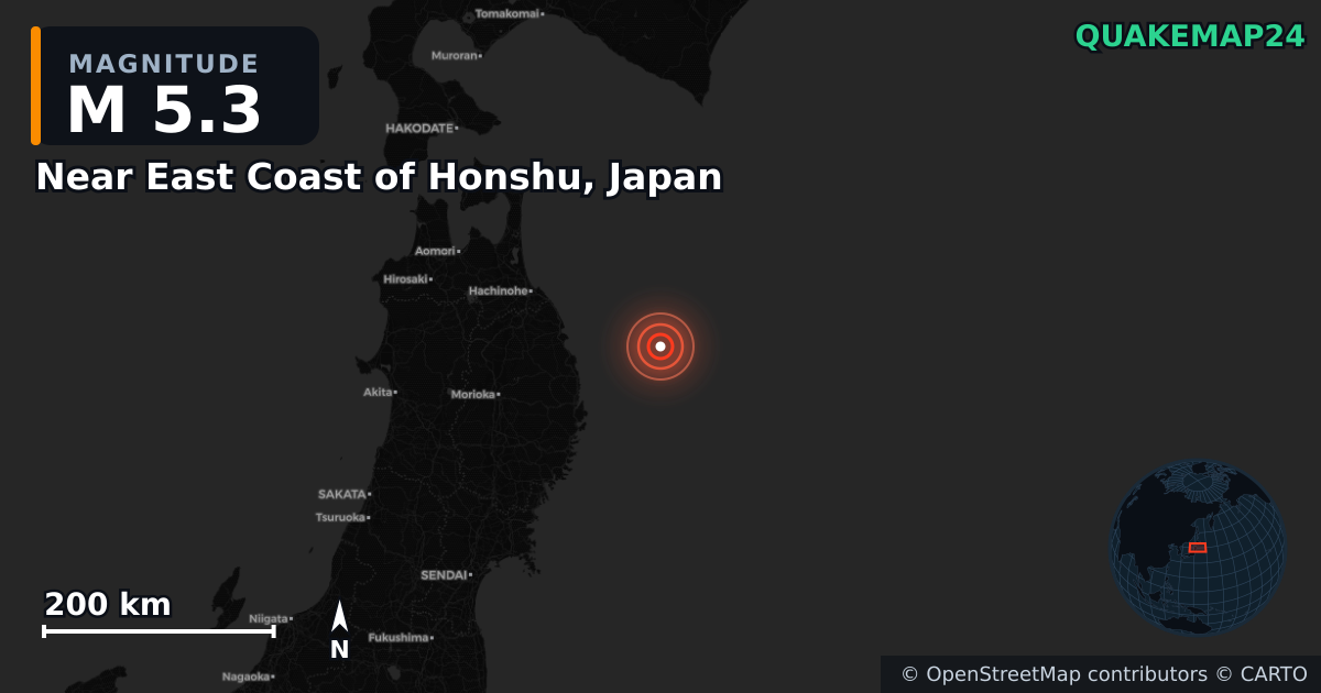 M5.3 earthquake near Near East Coast of Honshu, Japan on Apr 24, 2026 — map of epicenter and shaking intensity | QuakeMap24