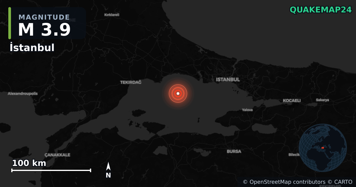 M3.9 earthquake near İstanbul on May 13, 2025 — map of epicenter and shaking intensity | QuakeMap24