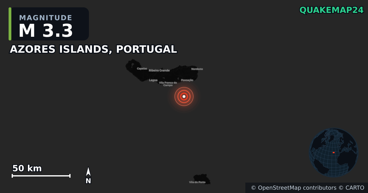 M3.3 earthquake near AZORES ISLANDS, PORTUGAL on Jun 15, 2025 — map of epicenter and shaking intensity | QuakeMap24