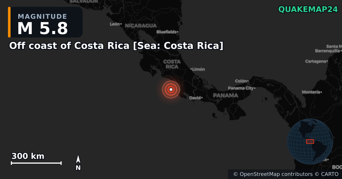M5.8 earthquake near Off coast of Costa Rica [Sea: Costa Rica] on Nov 18, 2025 — map of epicenter and shaking intensity | QuakeMap24