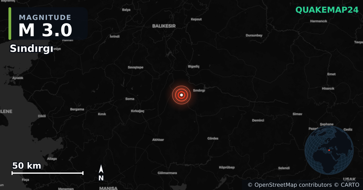 M3.0 earthquake near Sındırgı on Sep 7, 2025 — map of epicenter and shaking intensity | QuakeMap24