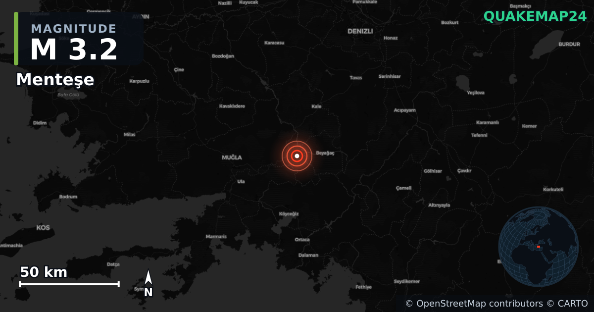 M3.2 earthquake near Menteşe on Feb 19, 2026 — map of epicenter and shaking intensity | QuakeMap24
