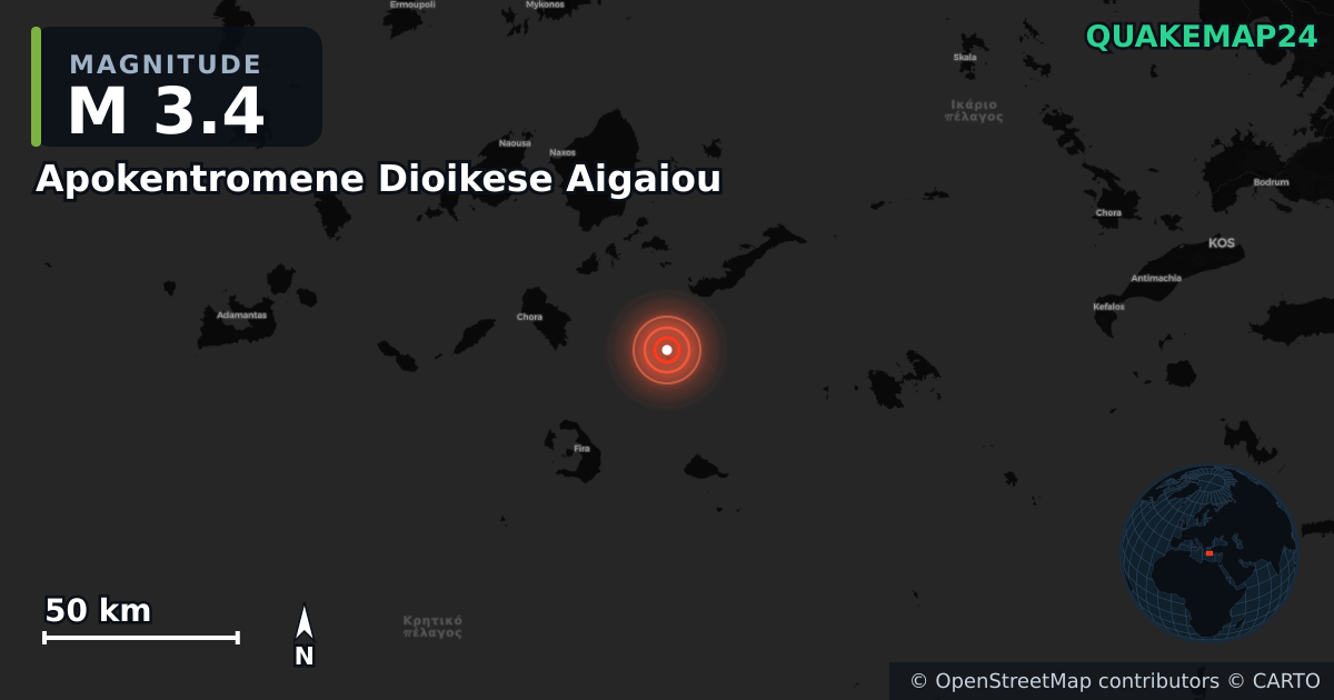 M3.4 earthquake near Apokentromene Dioikese Aigaiou on Oct 1, 2025 — map of epicenter and shaking intensity | QuakeMap24