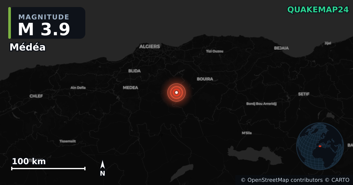 M3.9 earthquake near Médéa on Dec 24, 2025 — map of epicenter and shaking intensity | QuakeMap24