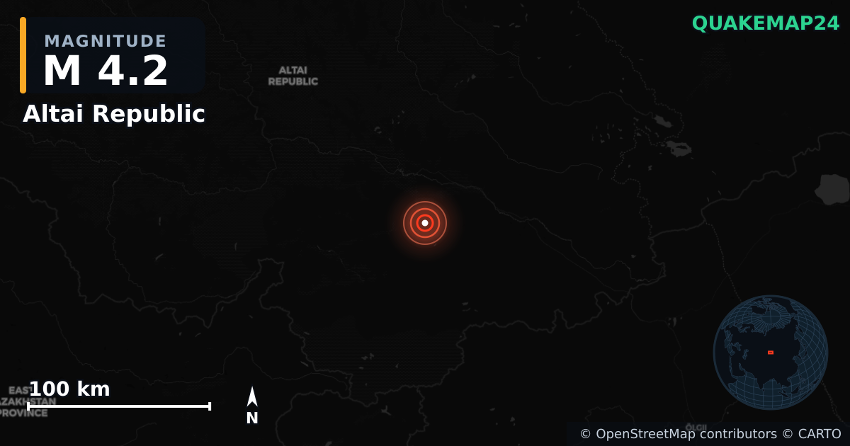 M4.2 earthquake near Altai Republic on Apr 23, 2025 — map of epicenter and shaking intensity | QuakeMap24