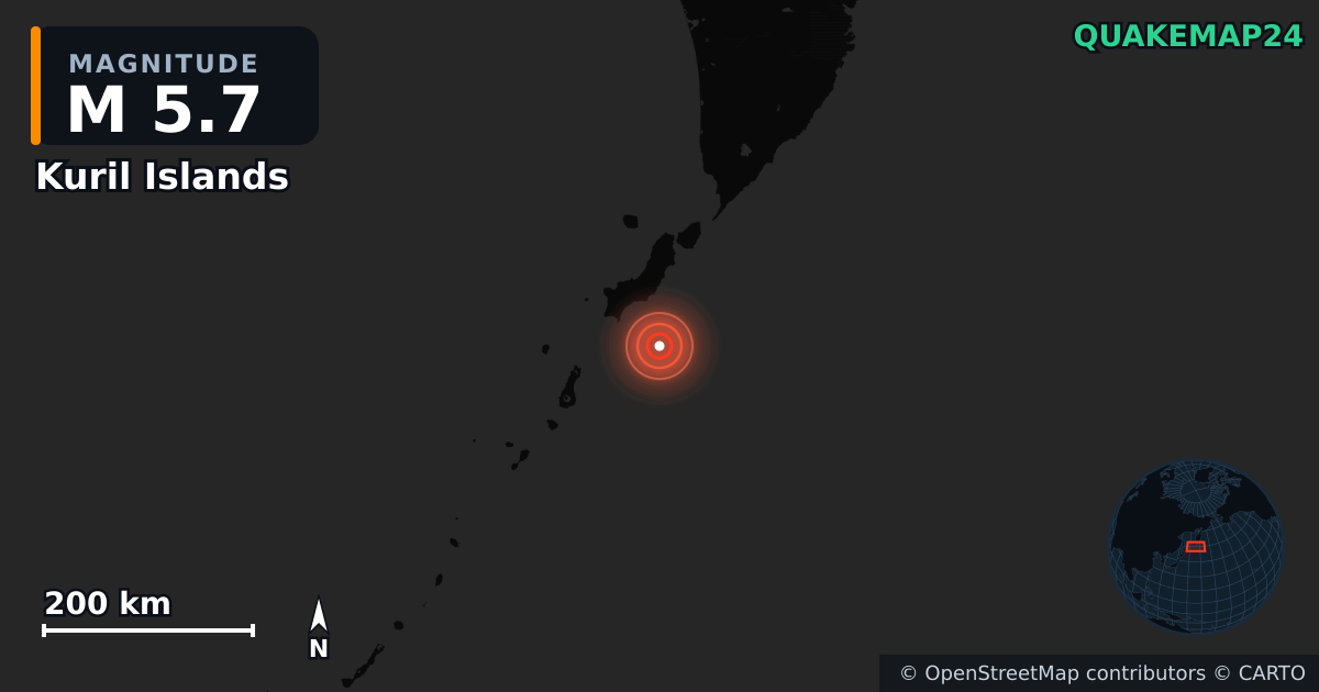M5.7 earthquake near Kuril Islands on Nov 4, 2025 — map of epicenter and shaking intensity | QuakeMap24