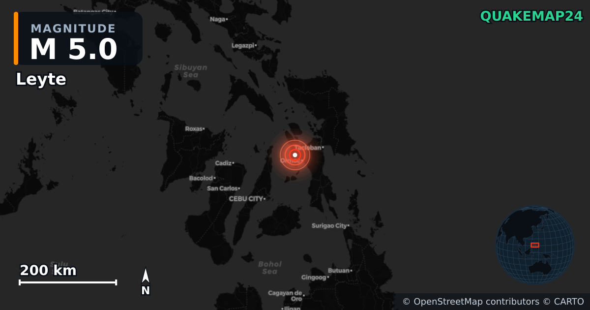 M5.0 earthquake near Leyte on Oct 24, 2025 — map of epicenter and shaking intensity | QuakeMap24