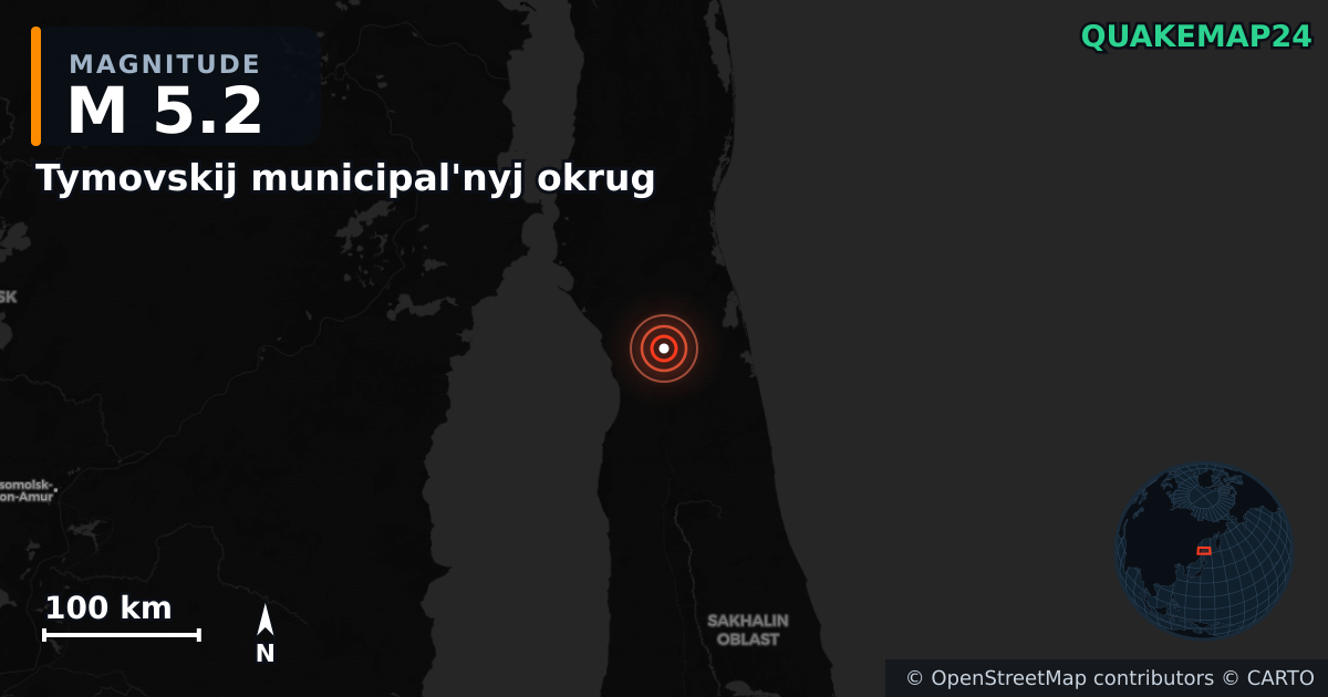 M5.2 earthquake near Tymovskij municipal'nyj okrug on Nov 6, 2025 — map of epicenter and shaking intensity | QuakeMap24