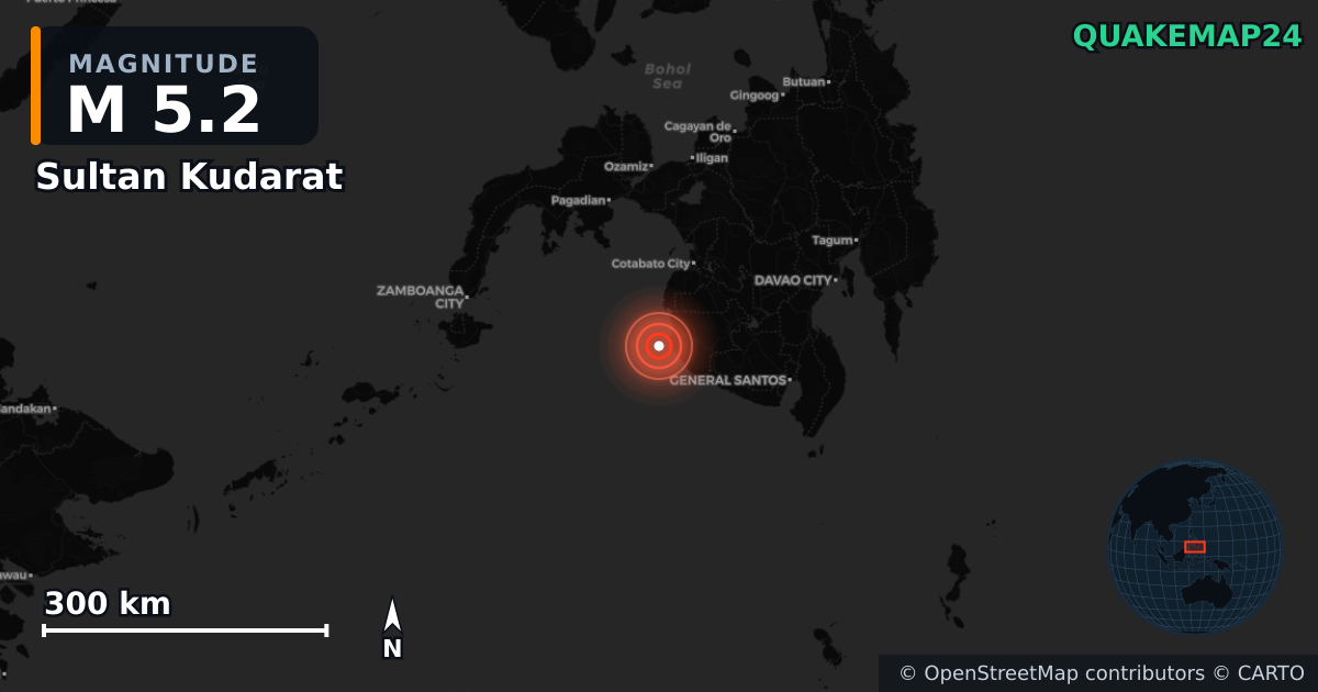 M5.2 earthquake near Sultan Kudarat on Jan 28, 2026 — map of epicenter and shaking intensity | QuakeMap24