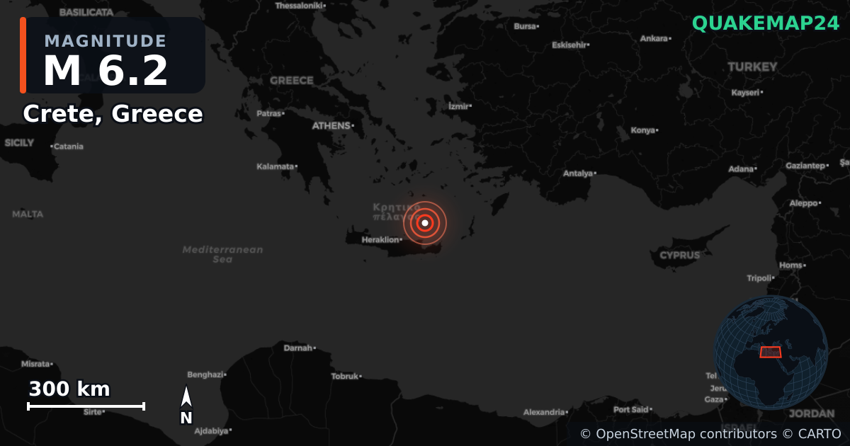 M6.2 earthquake near Crete, Greece on May 22, 2025 — map of epicenter and shaking intensity | QuakeMap24